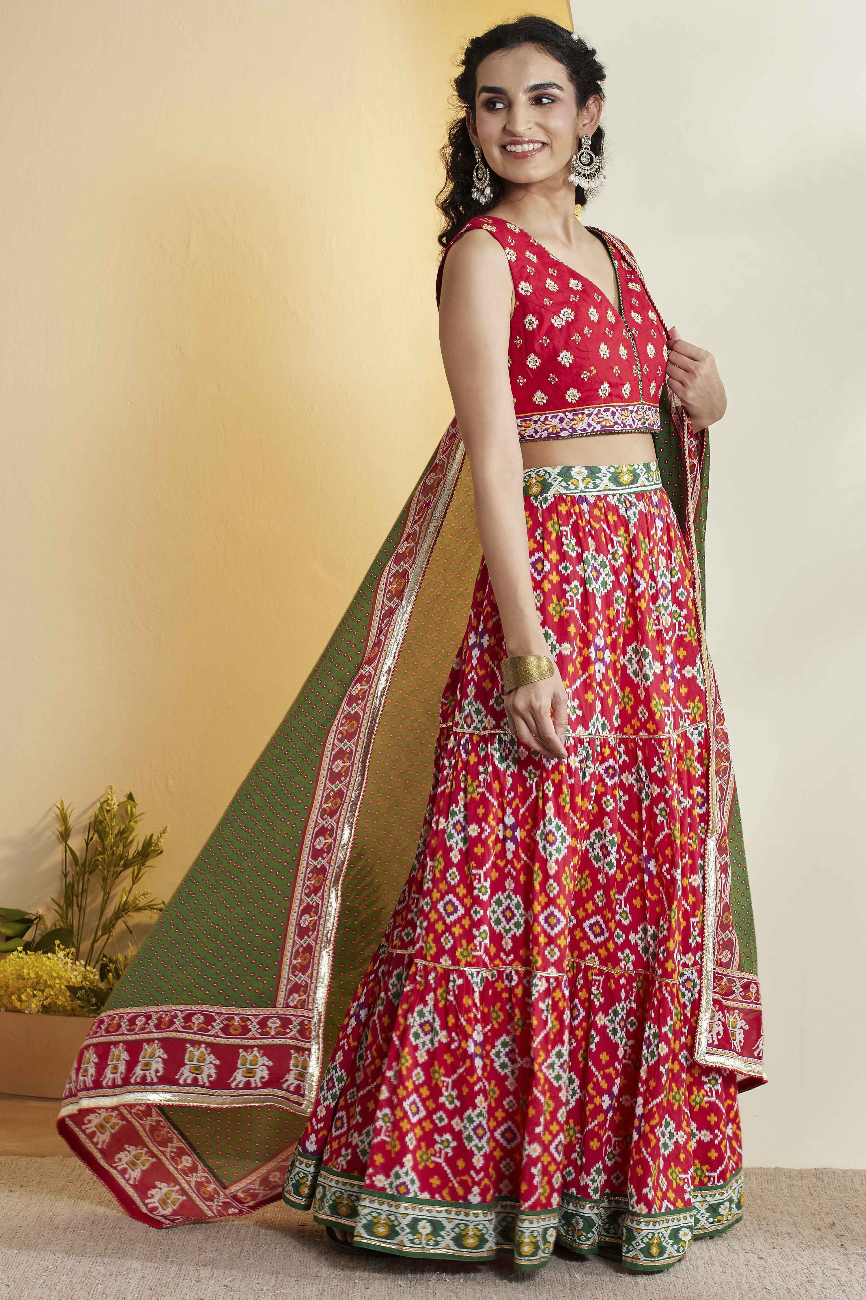 Red Cotton Gathered Lehenga Set image number 5