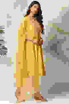 Mustard Viscose Kalidar Kurta Slim Pant Suit Set image number 4