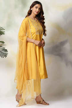 Mustard Viscose Kalidar Kurta Slim Pant Suit Set image number 4