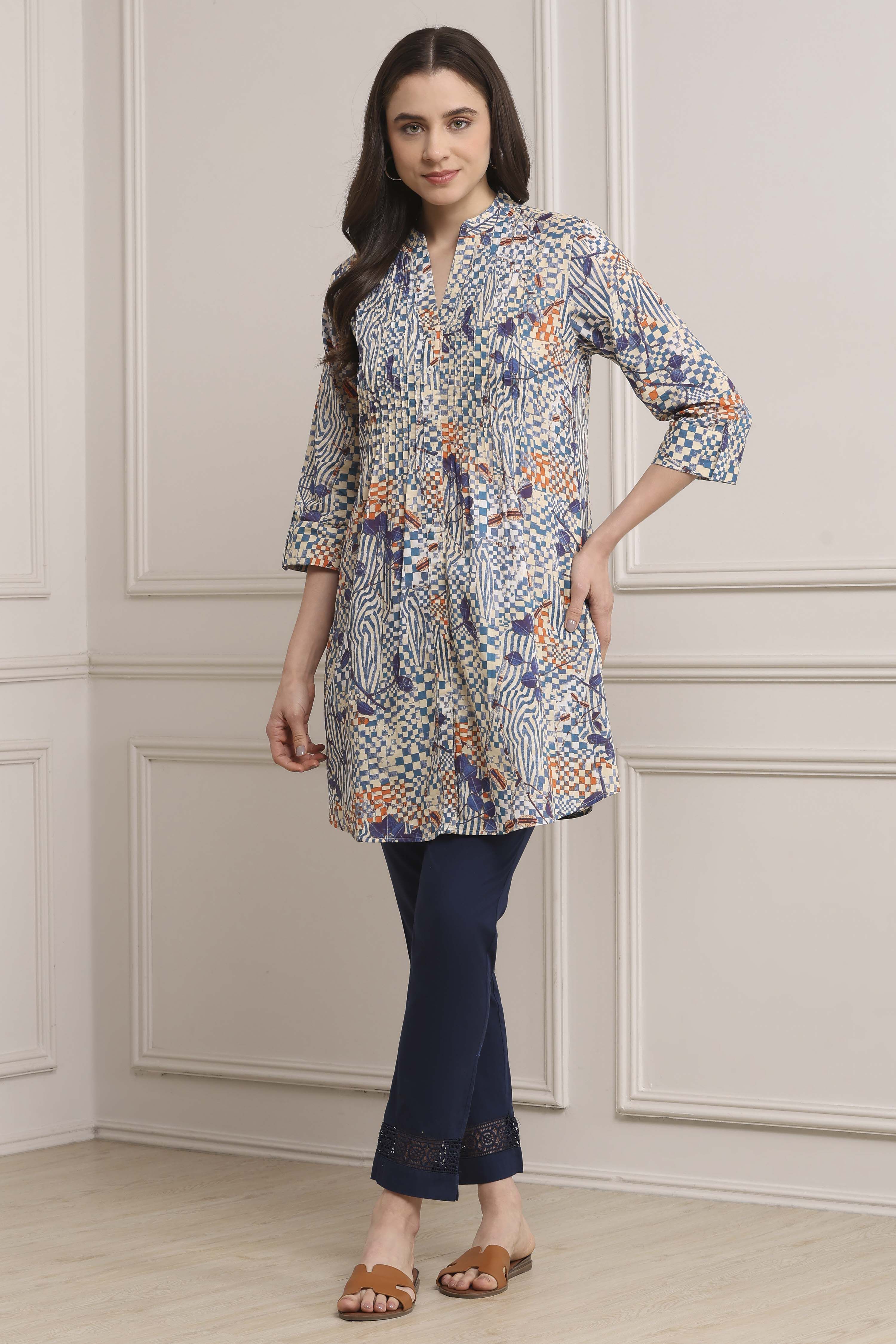 Blue Cotton Printed Straight Short Kurta image number 0