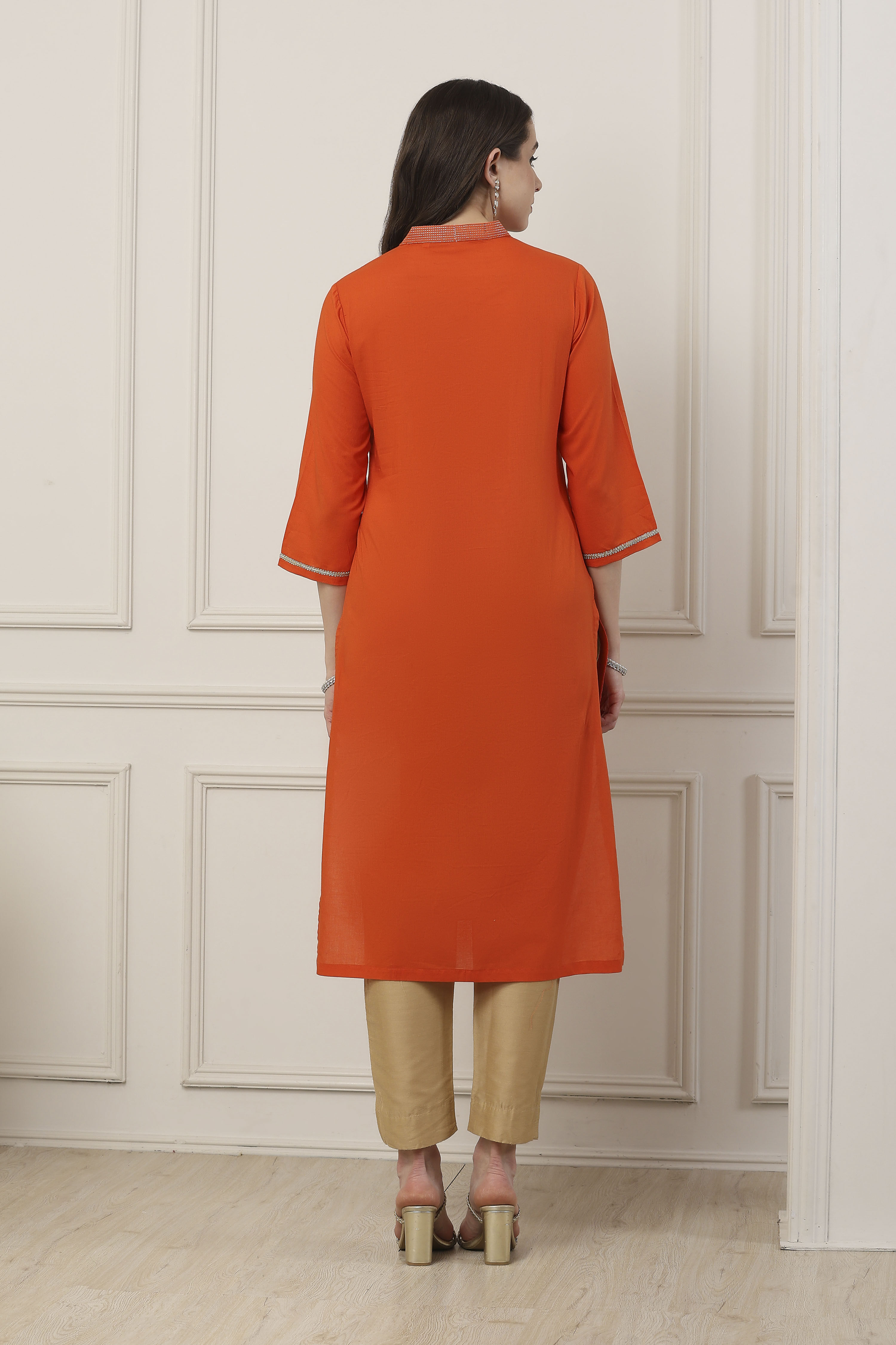 Orange Cotton Straight Kurta image number 3