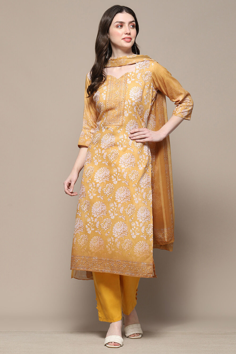 Mustard Cotton Blend Digital Print Unstitched Suit Set image number 8