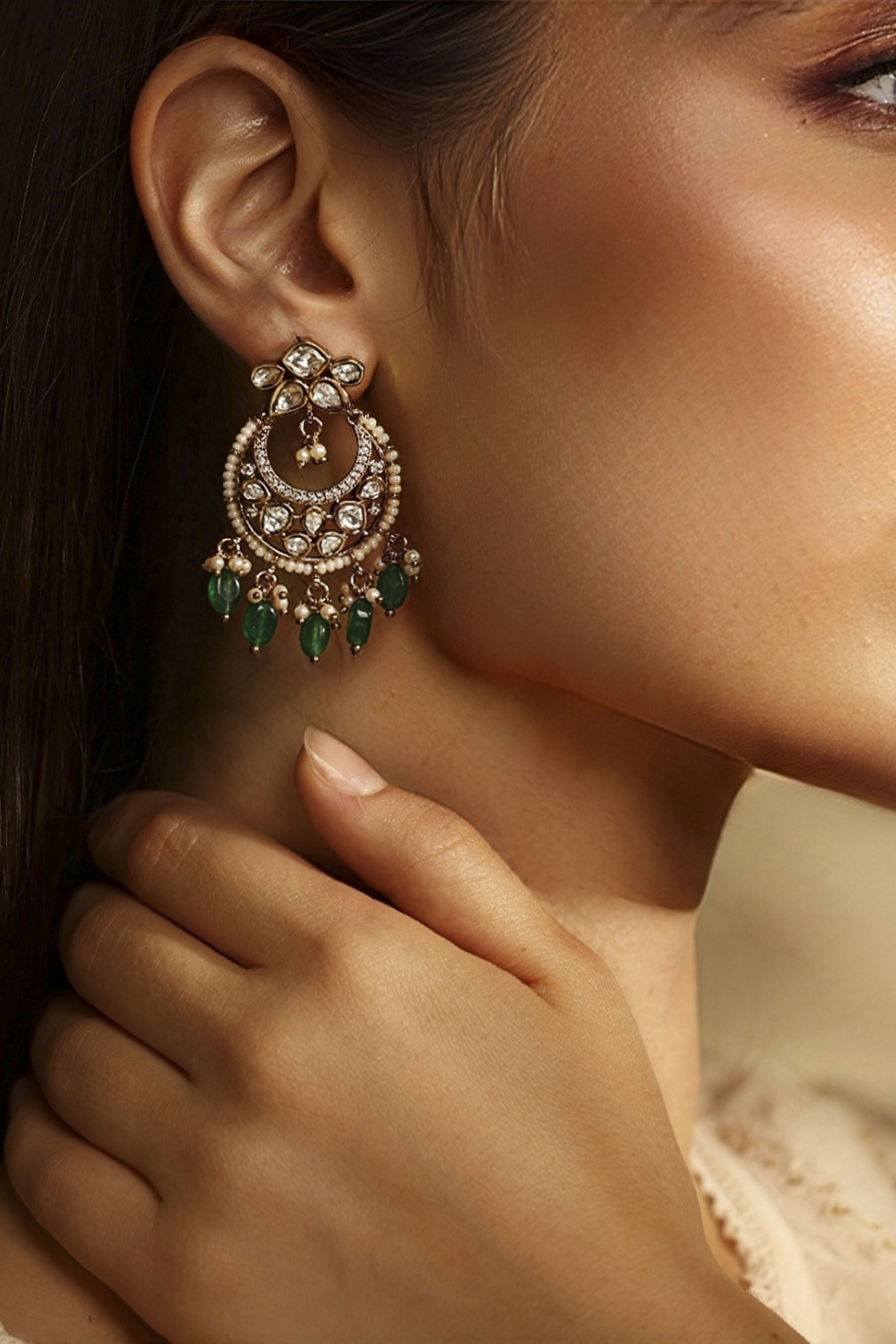 Green Gold-Plated Brass Studded Chaandbali image number 1