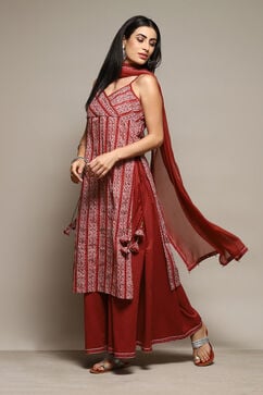 Red Cotton Straight Printed Kurta Sharara Suit Set image number 0