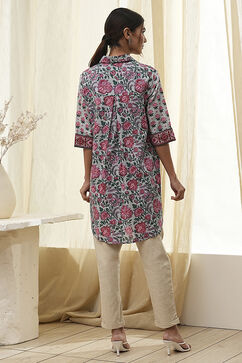 Blue and Pink Cotton Floral Shirt-Style Short Kurta image number 3
