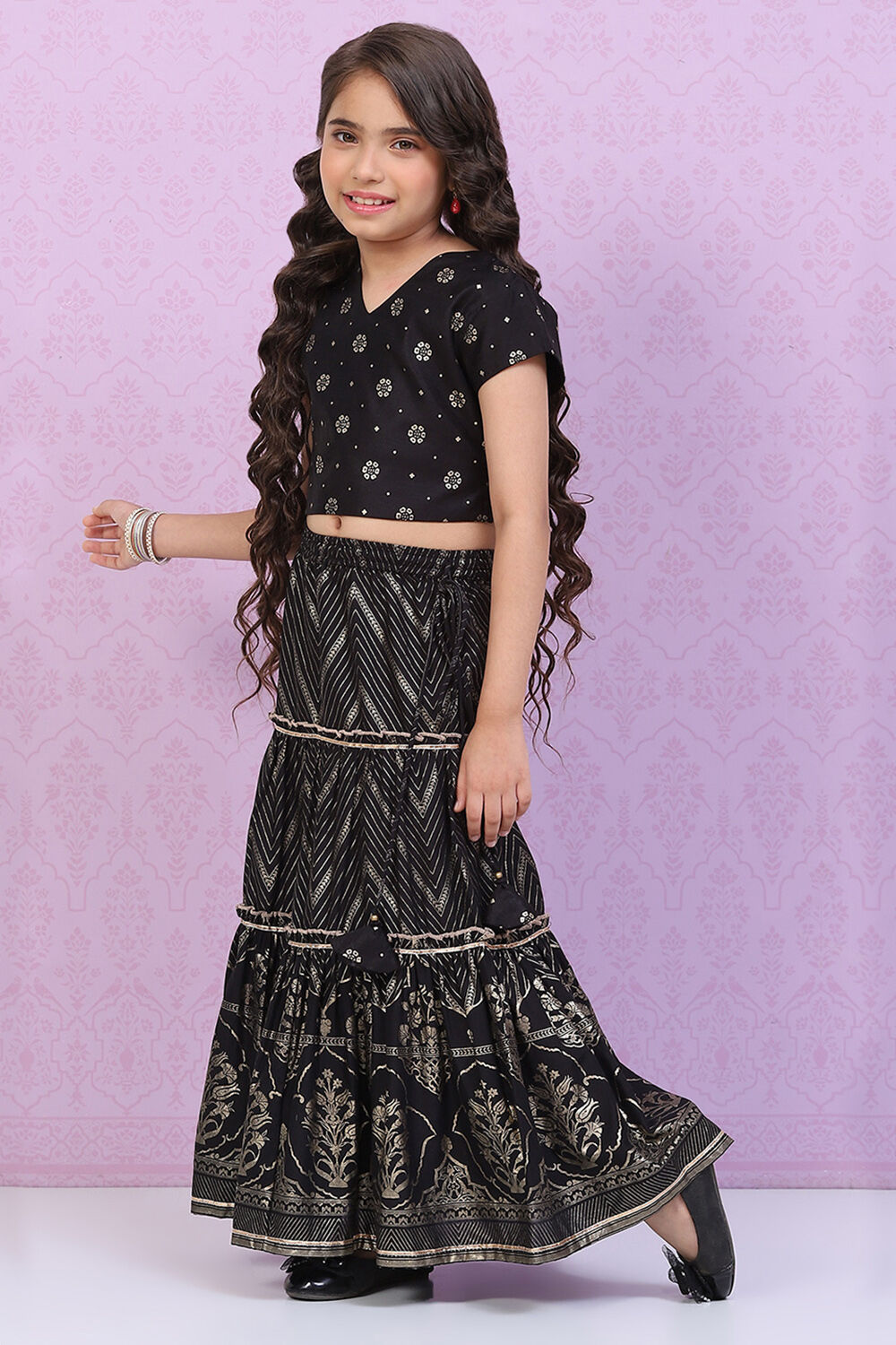 Black Art Silk Printed Short Top Lehenga Set image number 0