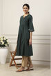 Green Cotton Solid Pleated A-Line Kurta