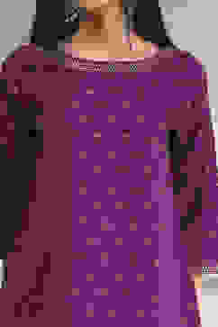 Purple Polyseter Blend Straight Printed Fusion Set image number 1