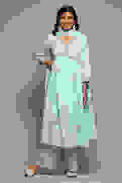 Aqua Cotton Gathered Kurta Palazzo Suit Set image number 7