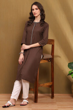 Brown Cotton Blend Solid Regular Fit Straight Kurta image number 0