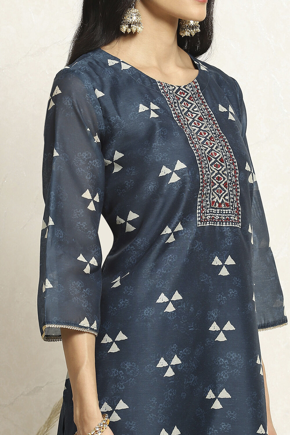 Blue Chanderi Geometric Printed Unstitched Suit Set image number 2