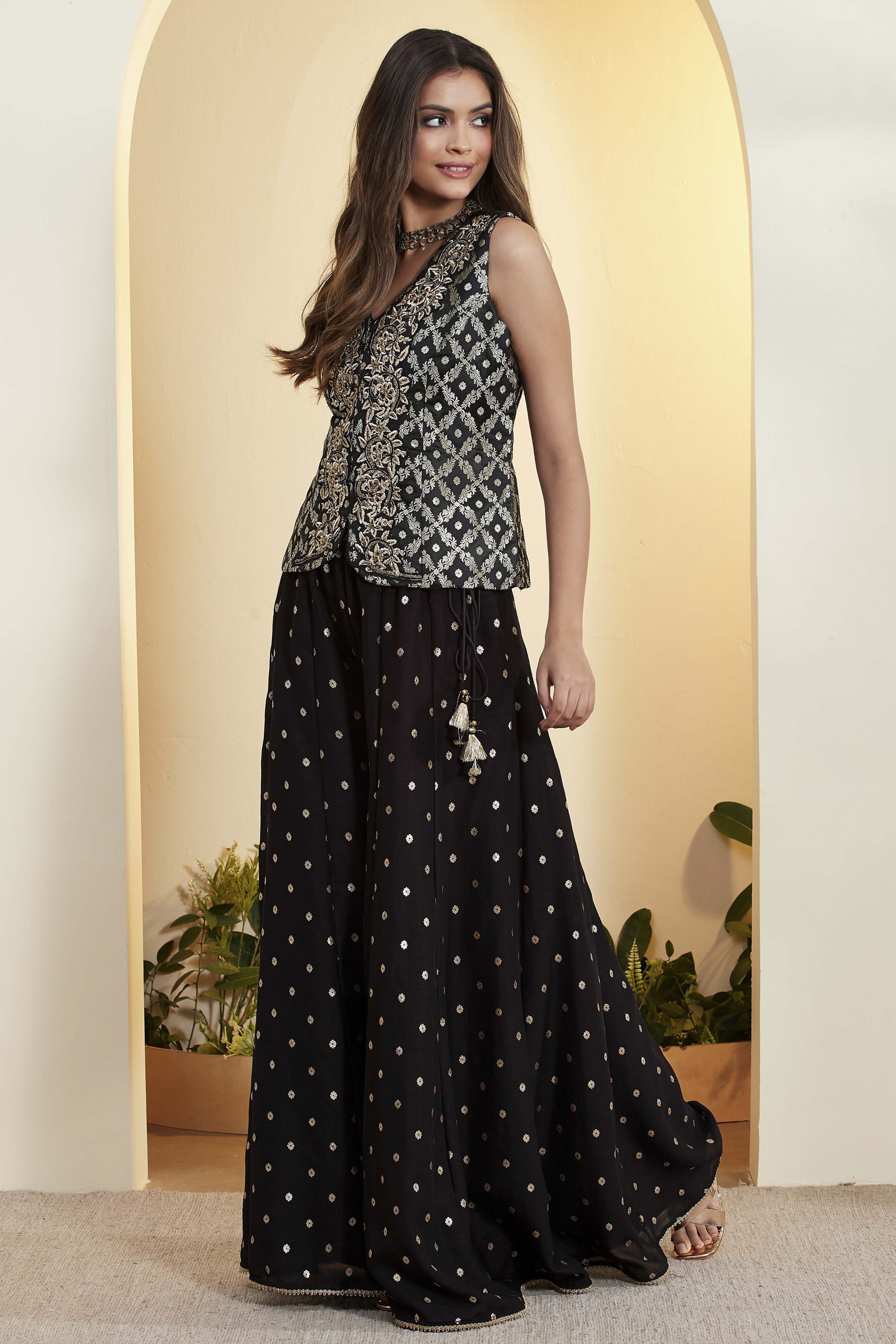 Black Viscose Rayon Embroidered Fusion Set image number 5