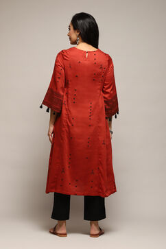 Burnt Orange Poly Cotton Flared Yarndyed Kurta image number 4