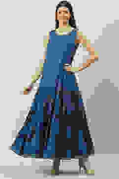 Navy Poly Cotton Flared Printed Dress image number 3