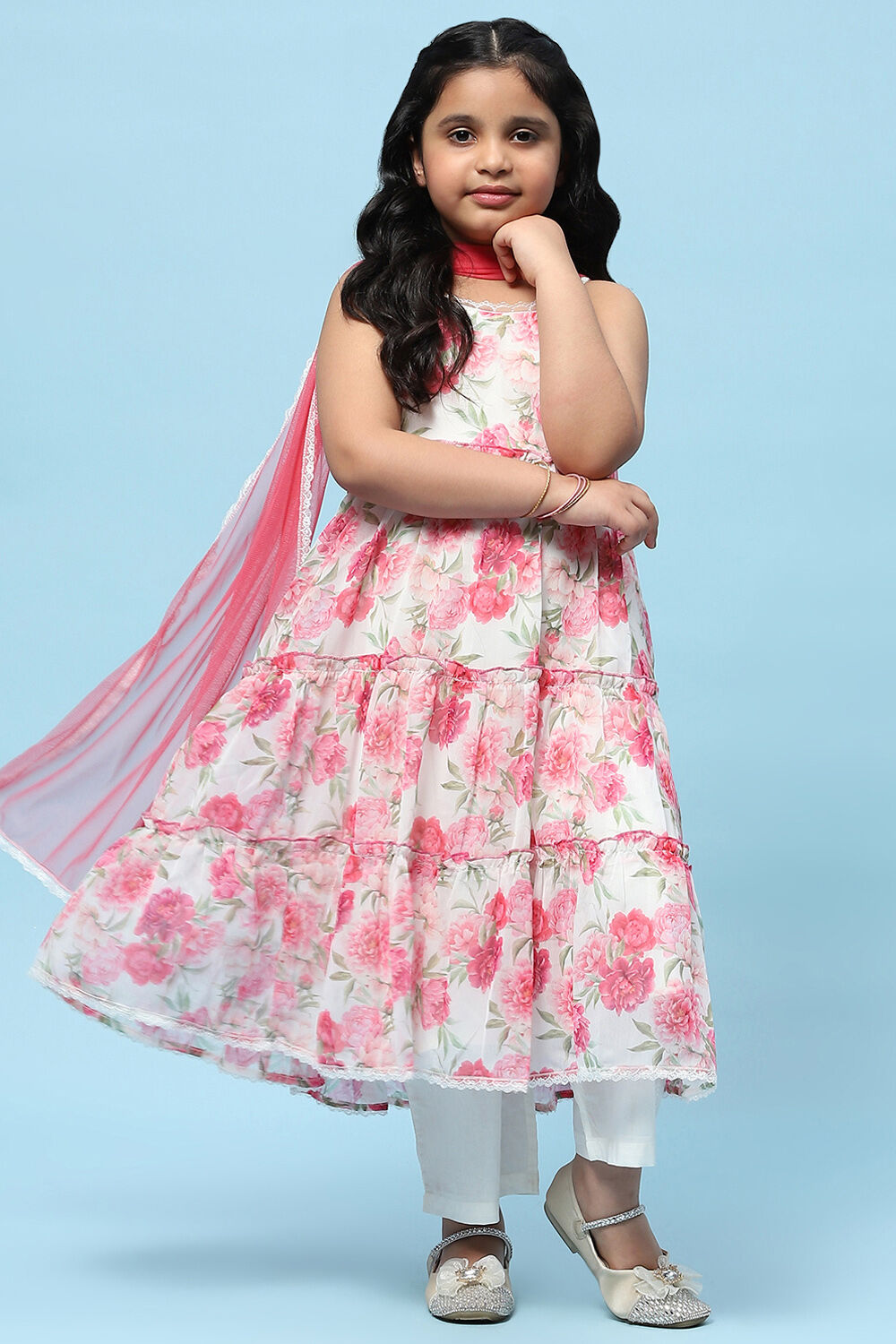 Off-White and Pink Poly Chiffon Floral Tiered Suit Set image number 0