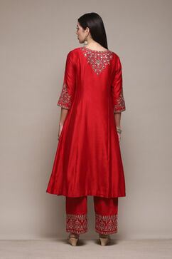 Red Cotton Silk Kalidar Kurta Palazzo Suit Set image number 4
