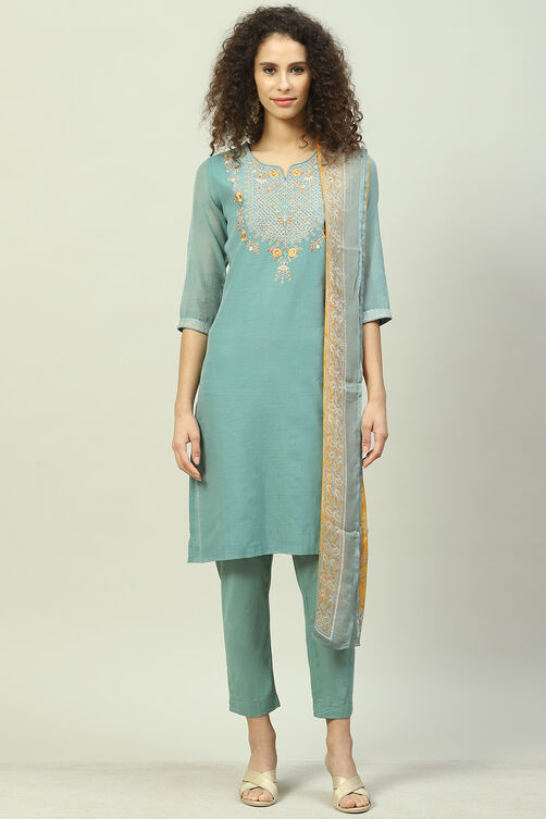 Sage Green Art Silk Straight Kurta Slim Pant Suit Set image number 0