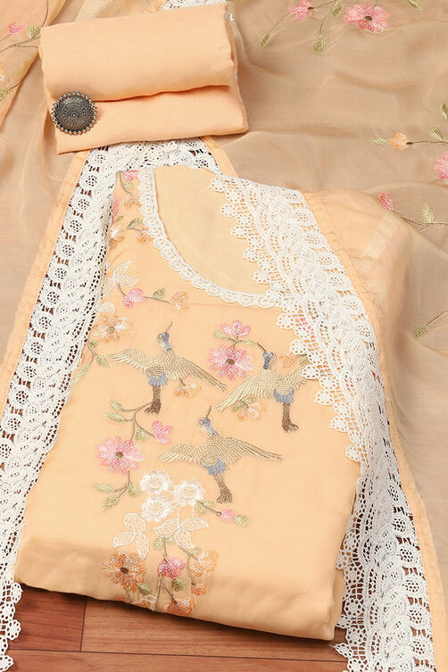 Peach Organza Lace Unstitched Suit Set image number 0