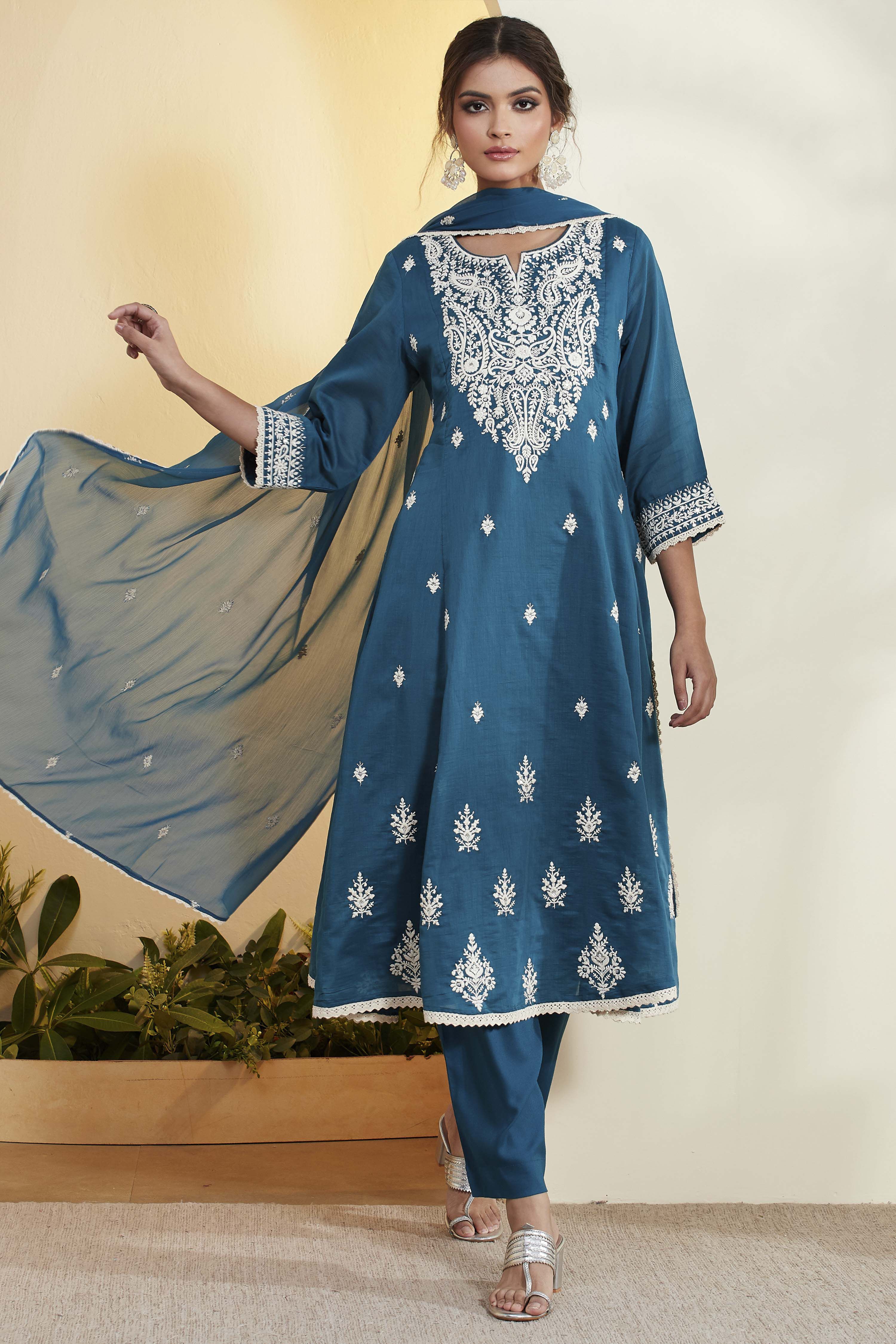Teal Viscose Rayon Embroidered Anarkali Kurta Set image number 7