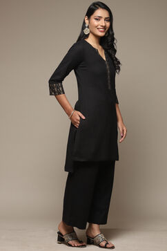 Black Cotton Blend Straight Kurta Palazzo Suit Set image number 5
