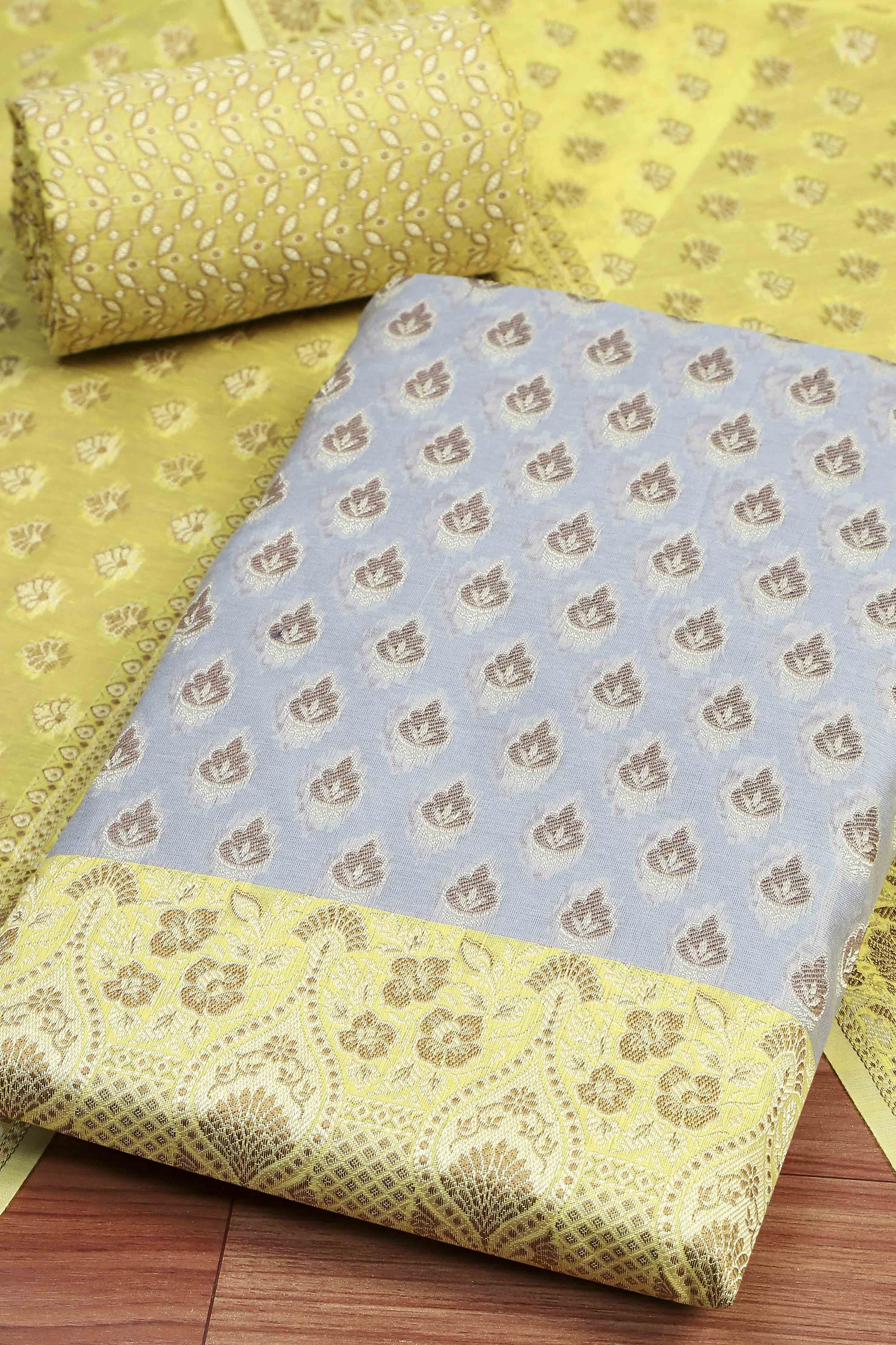 Blue Cotton Printed Embroidered Unstitched Suit Set image number 1