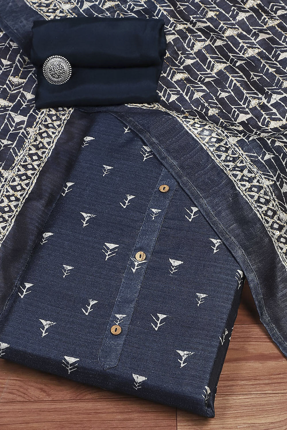 Indigo Silk Blend Printed  Embroidered Unstitched Suit Set image number 0