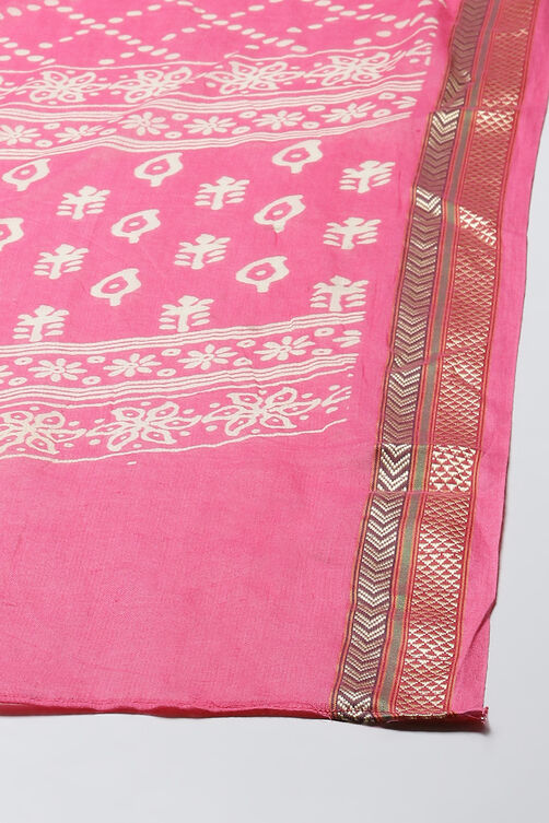 Pink Cotton Screen Print Unstitched Suit Set image number 3