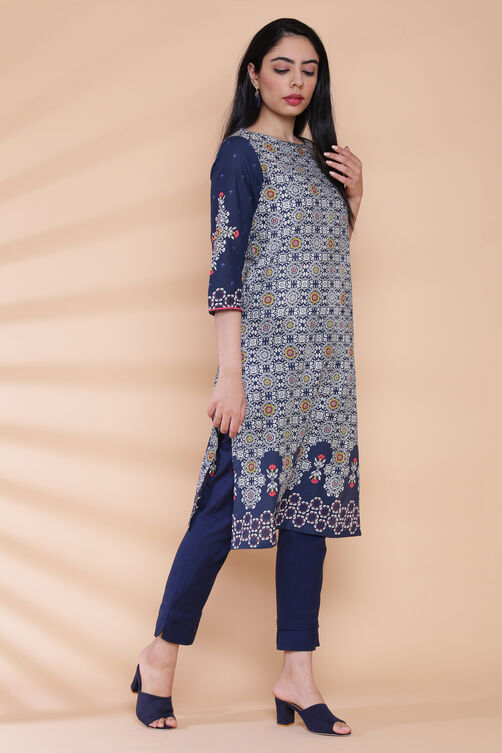 Navy Blue Cotton Straight Printed Kurta image number 3