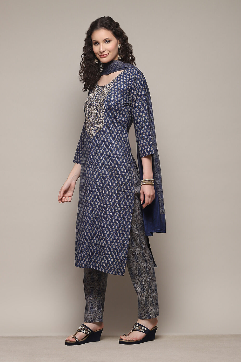 Blue Cotton Hand Embroidered Unstitched Suit Set image number 6