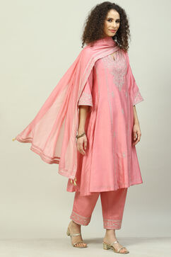 Pink Cotton Silk A-Line Kurta Narrow Palazzo Suit Set image number 6