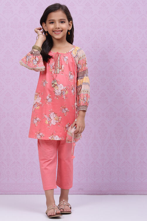 Peach Cotton Straight Printed Kurta Set image number 6