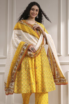 Yellow Cotton Printed A-Line Suit Set image number 1