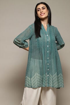 Teal Polyester Straight Printed Top image number 5