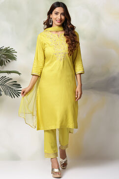 Lime Green Rayon Straight Kurta Regular Pant Suit Set image number 6