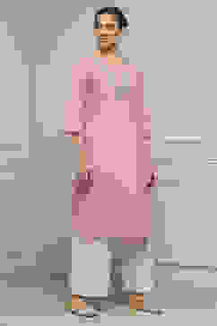 Onion Pink Cotton Solid Straight Kurta image number 4