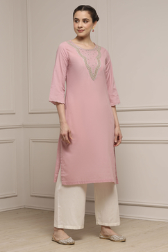 Onion Pink Cotton Straight Solid Kurta image number 4