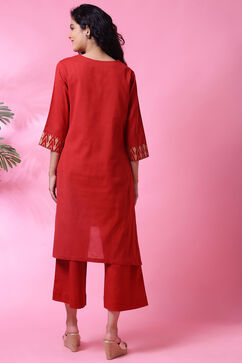 Red Cotton Flax Straight Kurta Pants Set image number 6