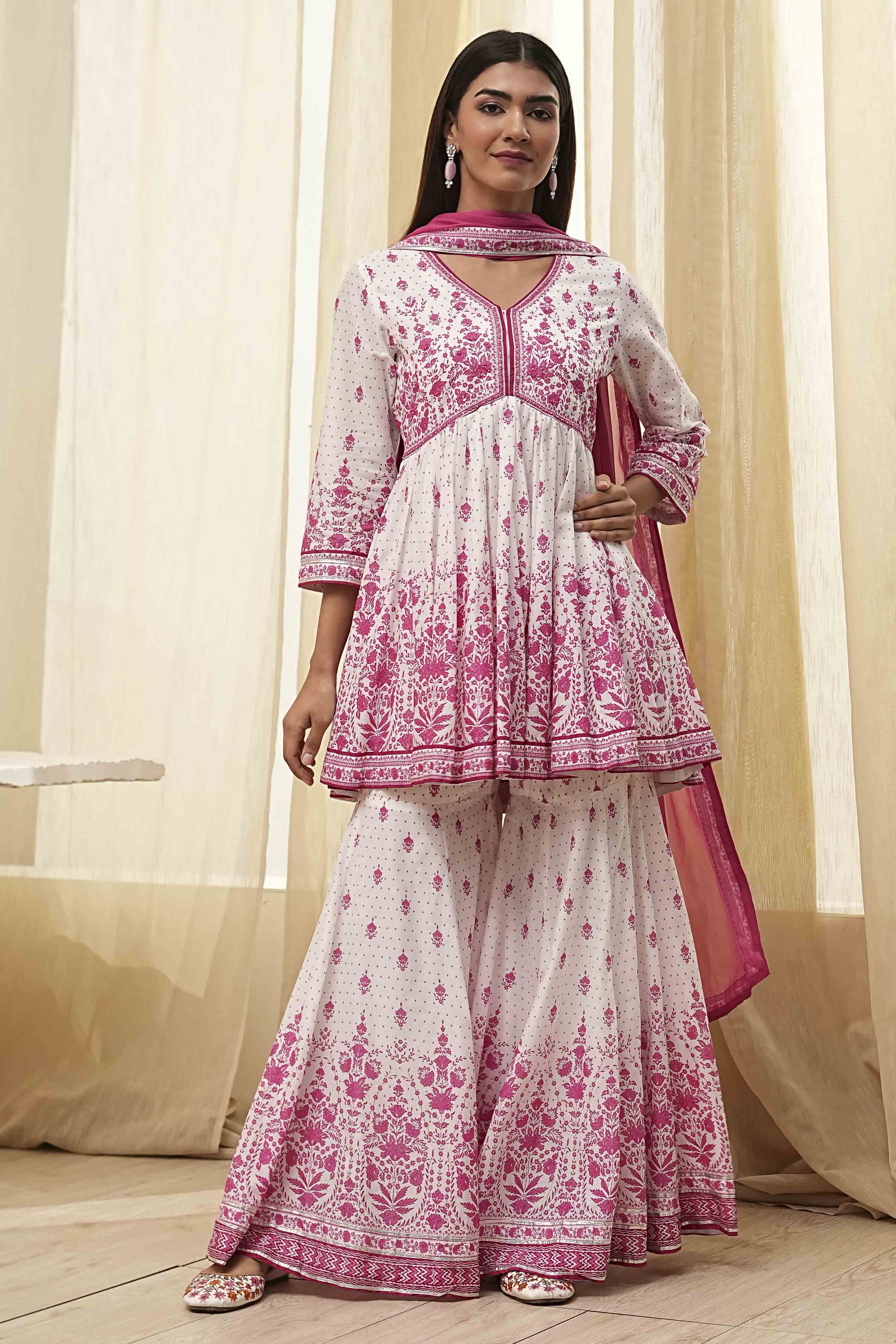 Off-White and Pink Cotton Peplum Suit Set image number 6