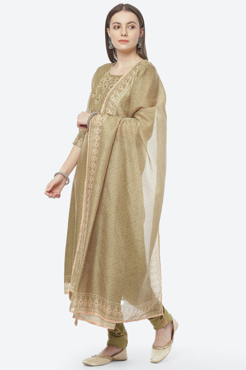 Light Green Cotton Blend Hand Embroidered Unstitched Suit Set image number 5