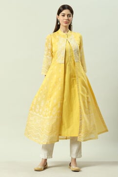 Yellow Art Silk Flared Printed Kurta with Jacket image number 6