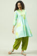 Turquoise Cotton Flared Printed Kurta image number 2