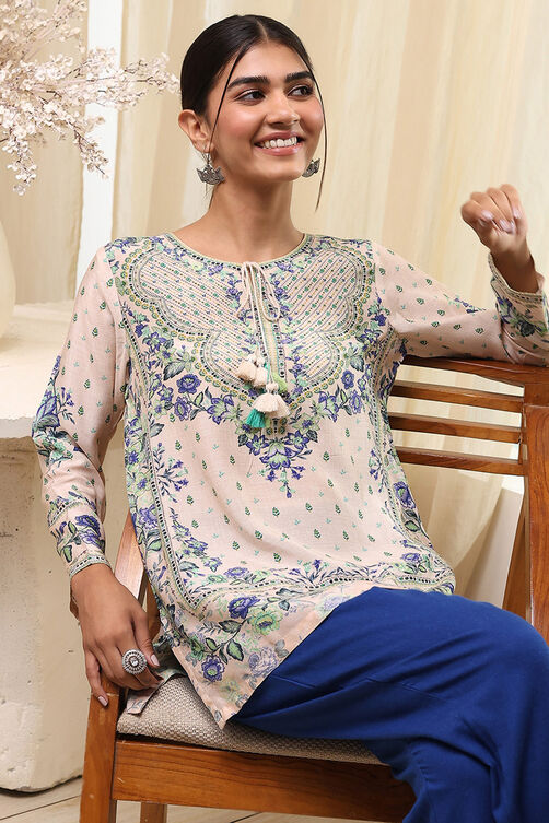 Off-White and Pink Modal Blend Straight Short Kurta image number 6