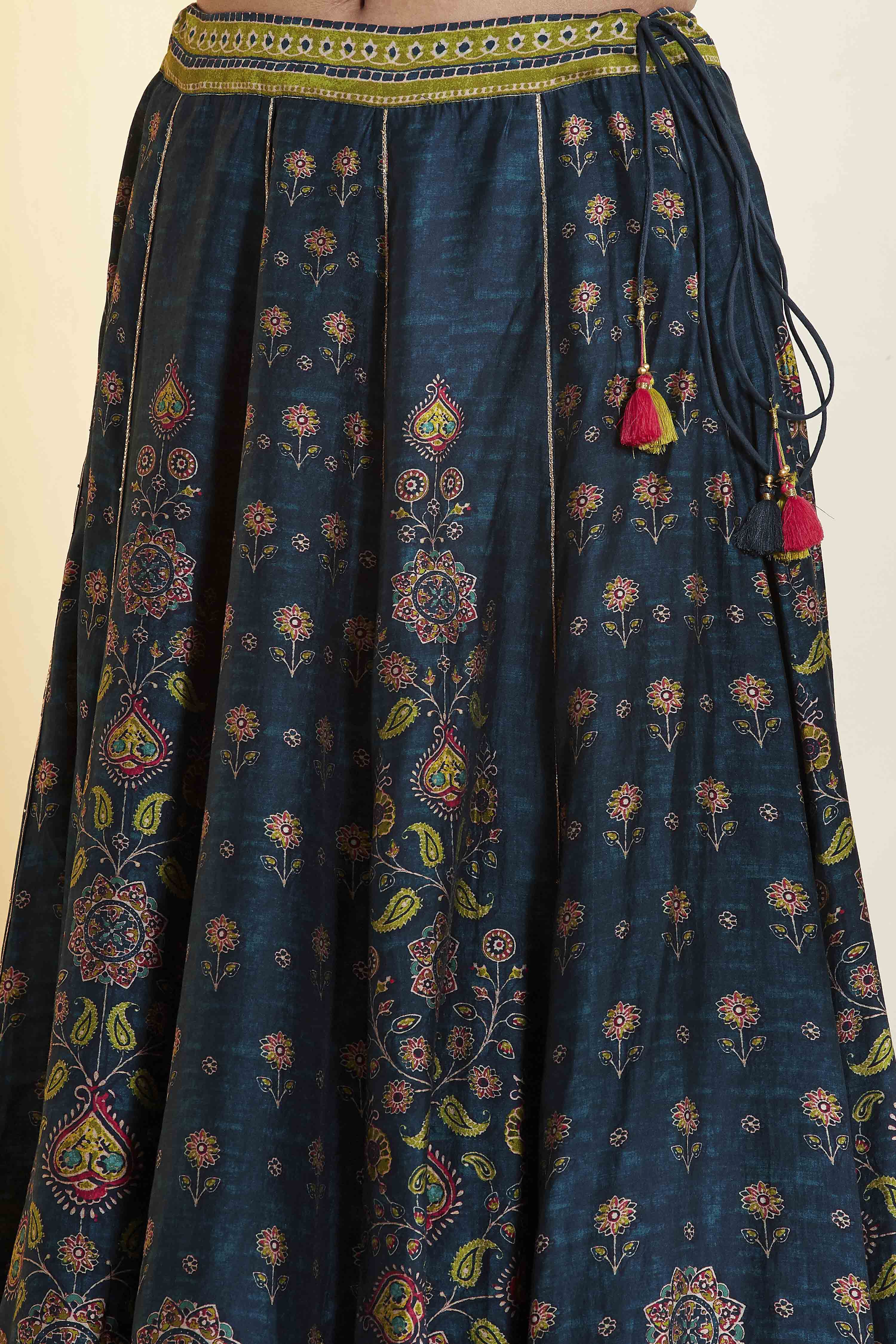 Blue Viscose Silk Floral Printed Peplum Lehenga Set image number 2