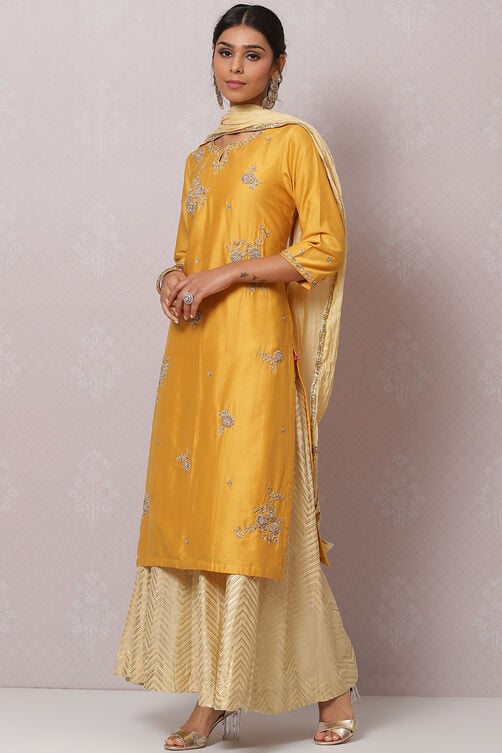 Mustard Cotton Silk Straight Kurta Sharara Suit Set image number 2