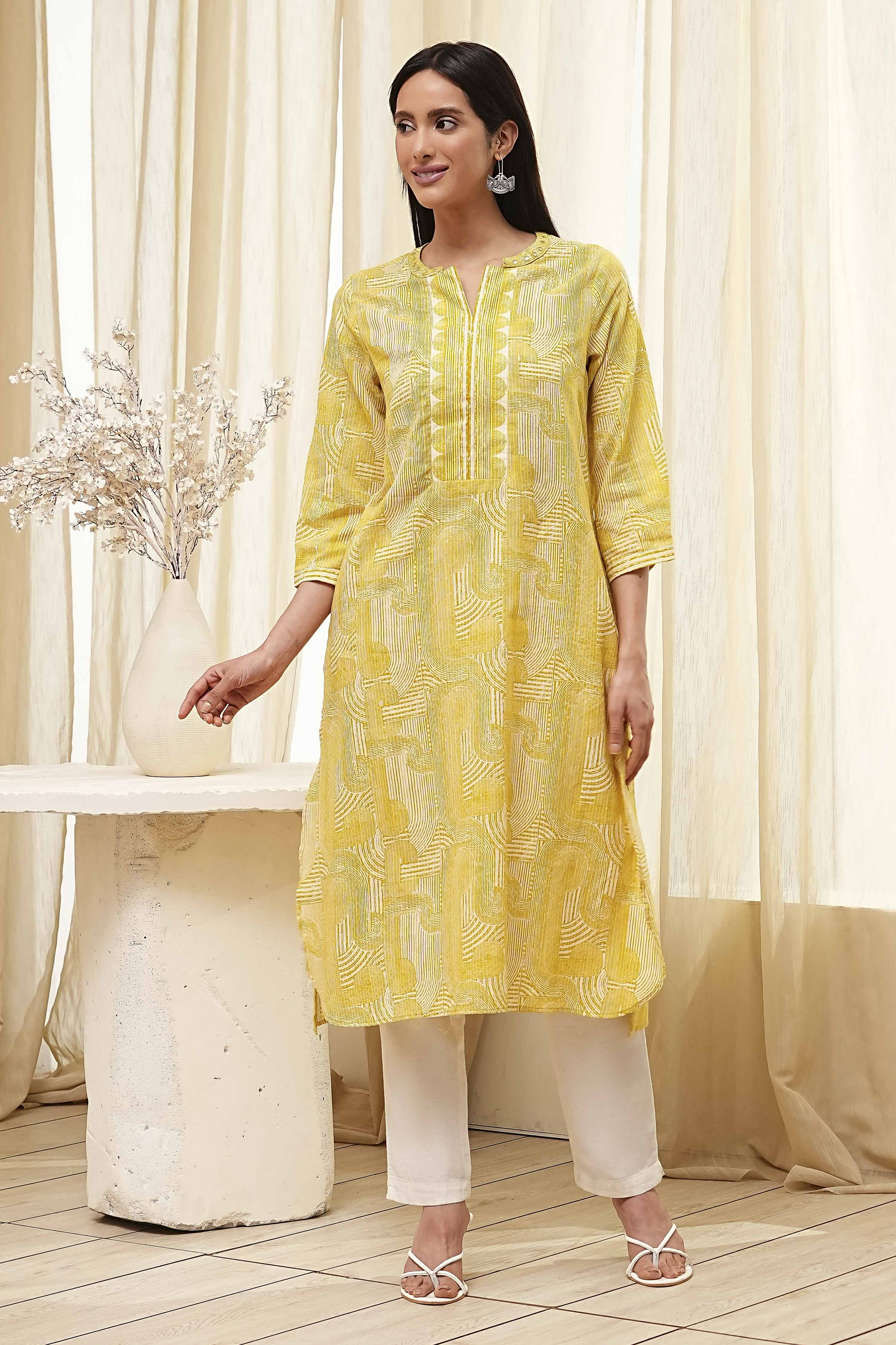 Yellow Cotton Printed Straight Kurta image number 5