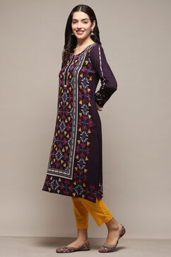 Pink & Purple Poly Cotton Straight Yarndyed Kurta image number 2