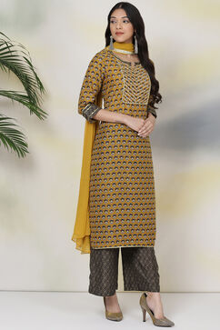 Yellow And Black Art Silk Straight Kurta Palazzo Suit Set image number 5