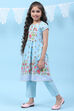 Sky Blue Art Silk Straight Printed Kurta Set