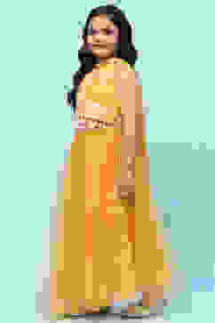 Yellow Poly Chanderi Printed Tasseled Lehenga Set image number 4