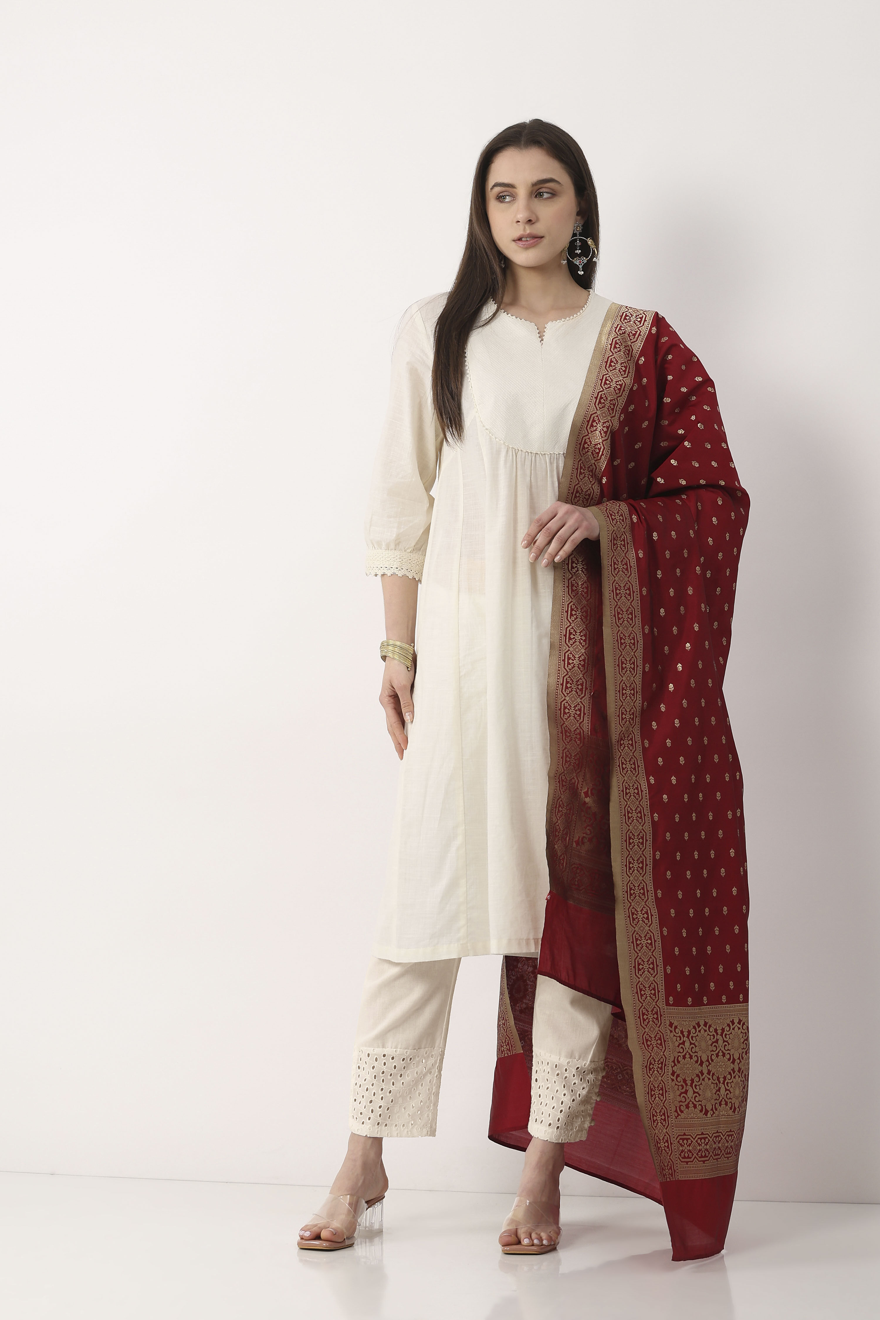Maroon White Art Silk Dupatta image number 3